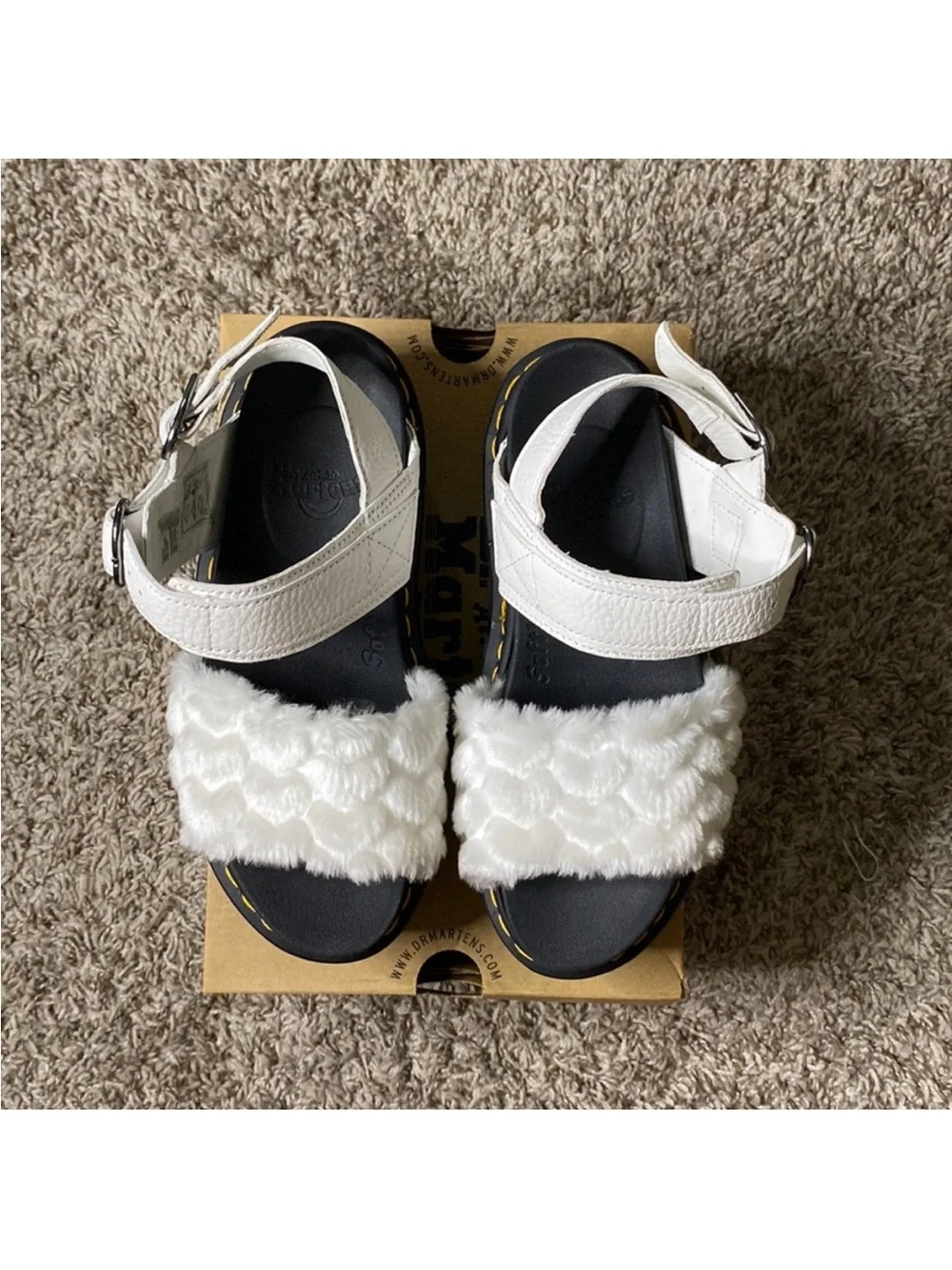 White Faux-Fur Platform Sandals with Buckle Strap